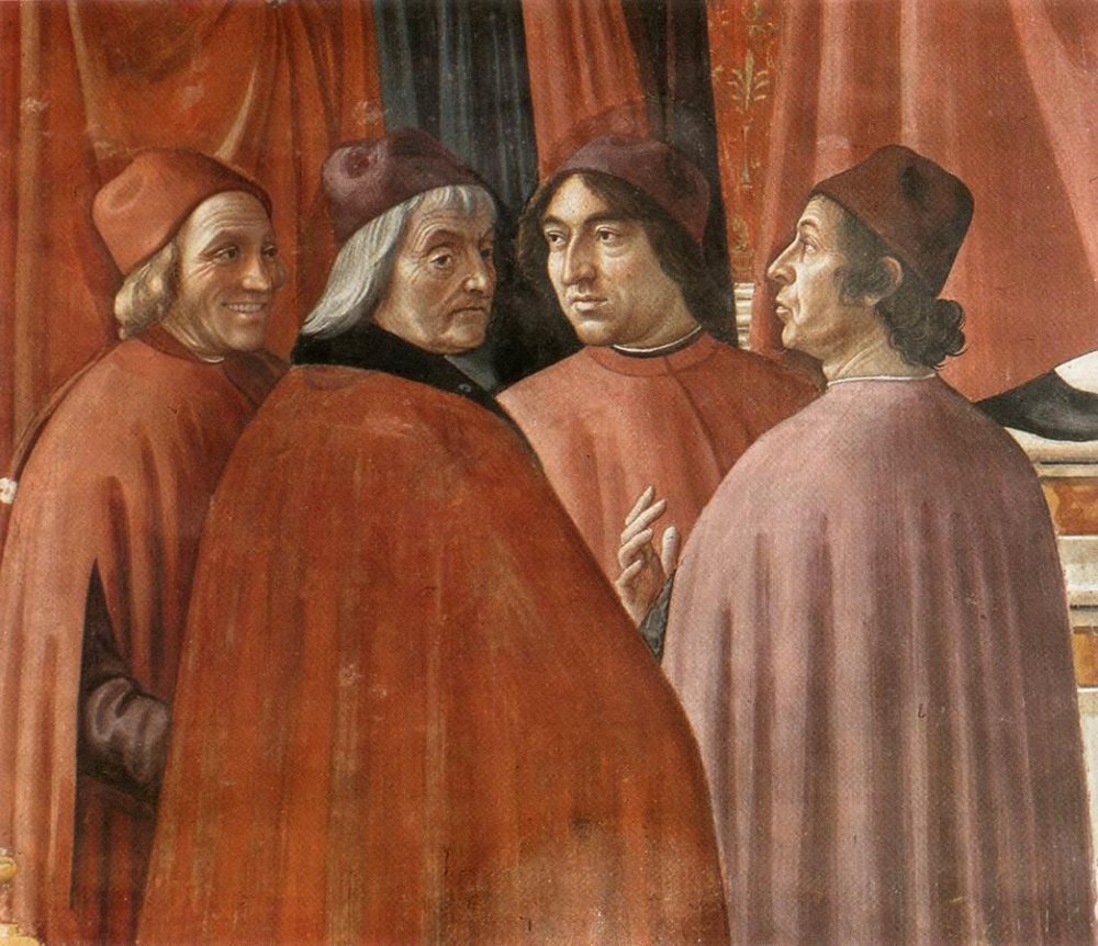 Ficino, Landino, Poliziano and Chalkondyles. Fresco by Domenico Ghirlandaio, 1486–90. Santa Maria Novella, Florence.